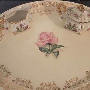 3 chinen set suger and creamer  and matching plate
